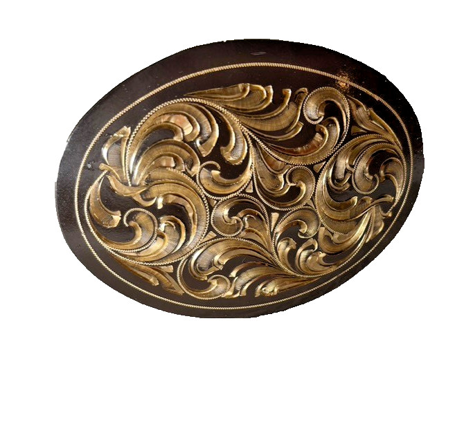 Western Belt Buckle 4.25 x 3.25 in Handcrafted Oval Engraved Brown Gold 2.25