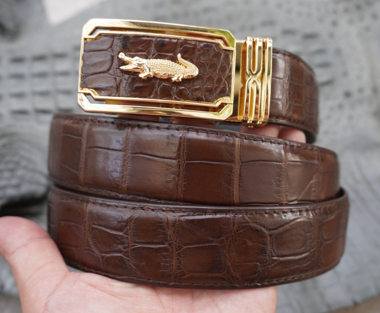 W1.3 inch Brown Genuine Crocodile Belly Leather Skin Men’s Belt Buckle #R63