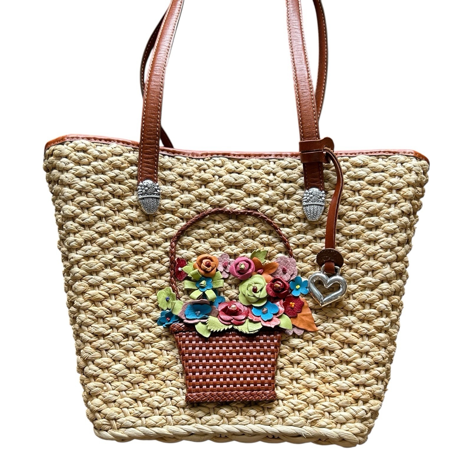 Brighton Straw Woven Tote Bag 3D Leather Flower Basket Heart Charm EUC