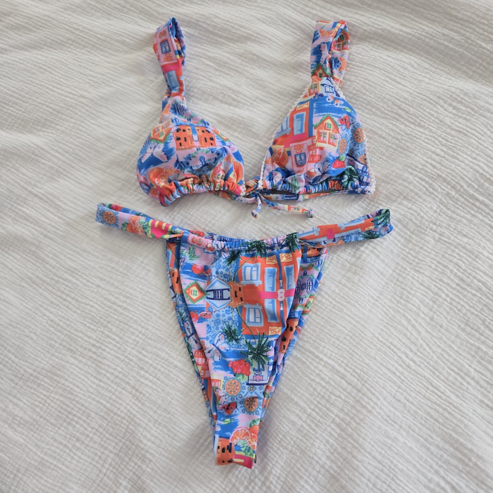 Women’s Brazilian Cut Bikini – Colorful Houses Print, Blue, Orange – Size S