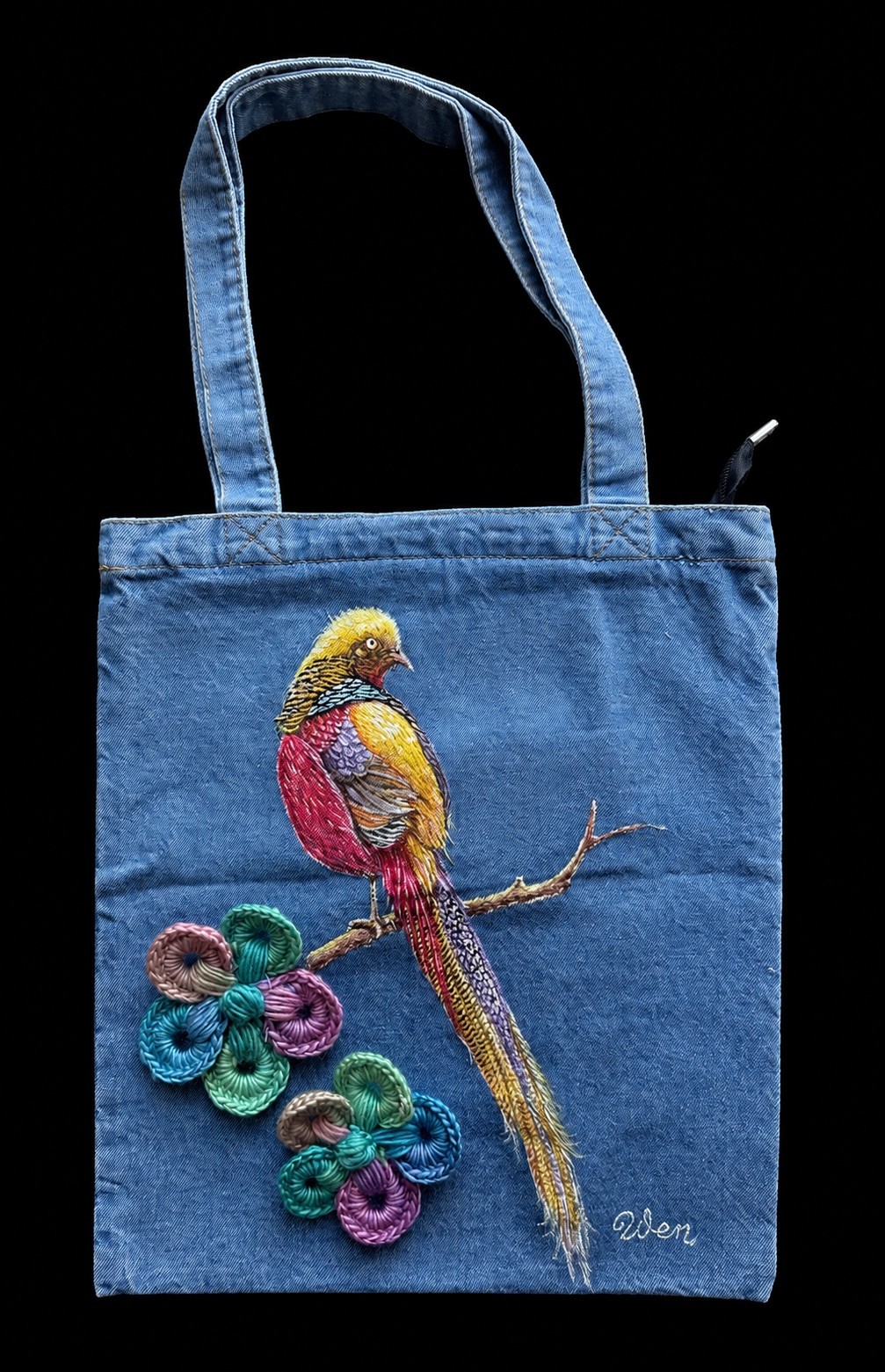 Handcrafted Knitted Flower Tropical Bird Painted Denim Tote Bag for Women