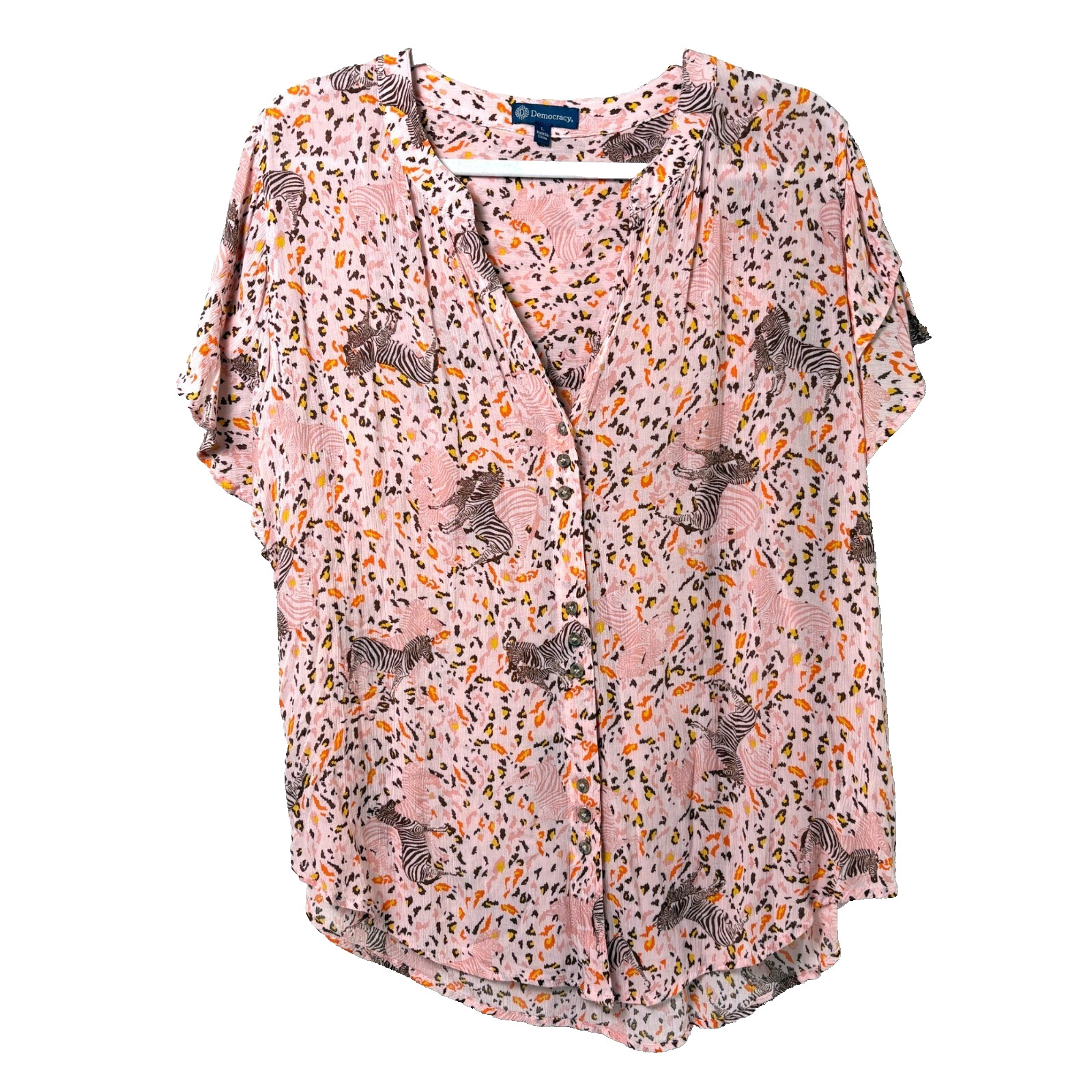 Democracy Button Front Top Womens L Pink Zebra Safari Print Short Sleeve V Neck