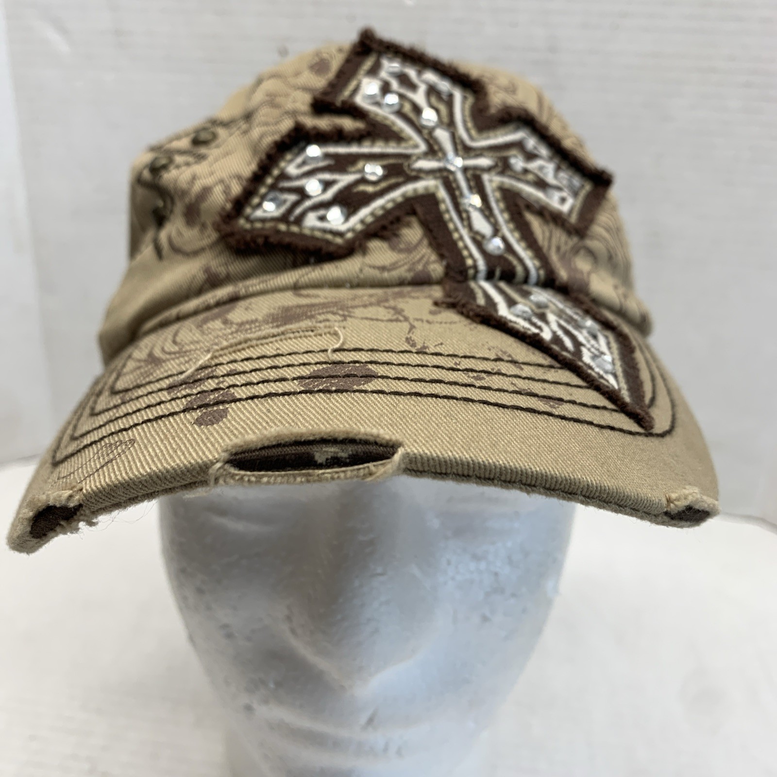 Kbethos Beige Hat Cap Embroidered Bling Cross Strapback