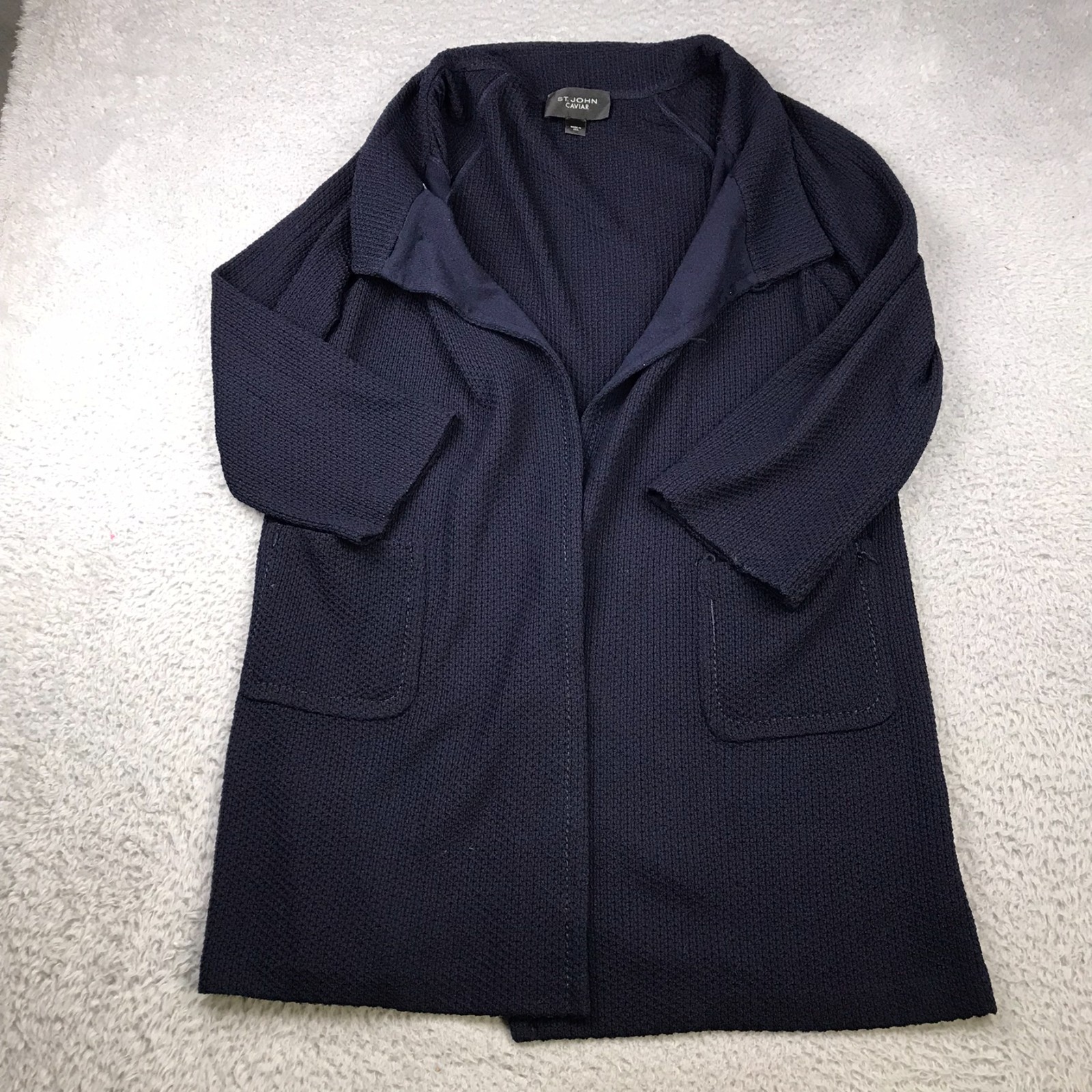 St John Caviar Coat Womens M Navy Knit Oversized Jacket Patch Pockets Cardigan