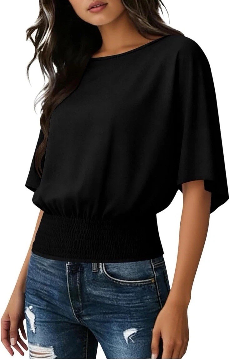 Women’s Batwing Short Sleeve Dolman Top Blouse with Elastic Waistband Hem Sz S