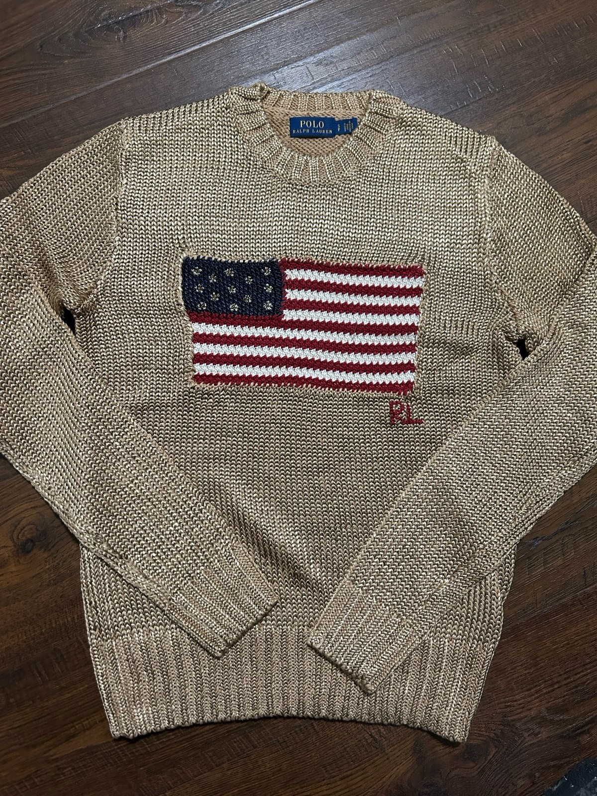 Polo Ralph Lauren Gold Knit Sweater American Flag Embroidery Patriotic – Size S