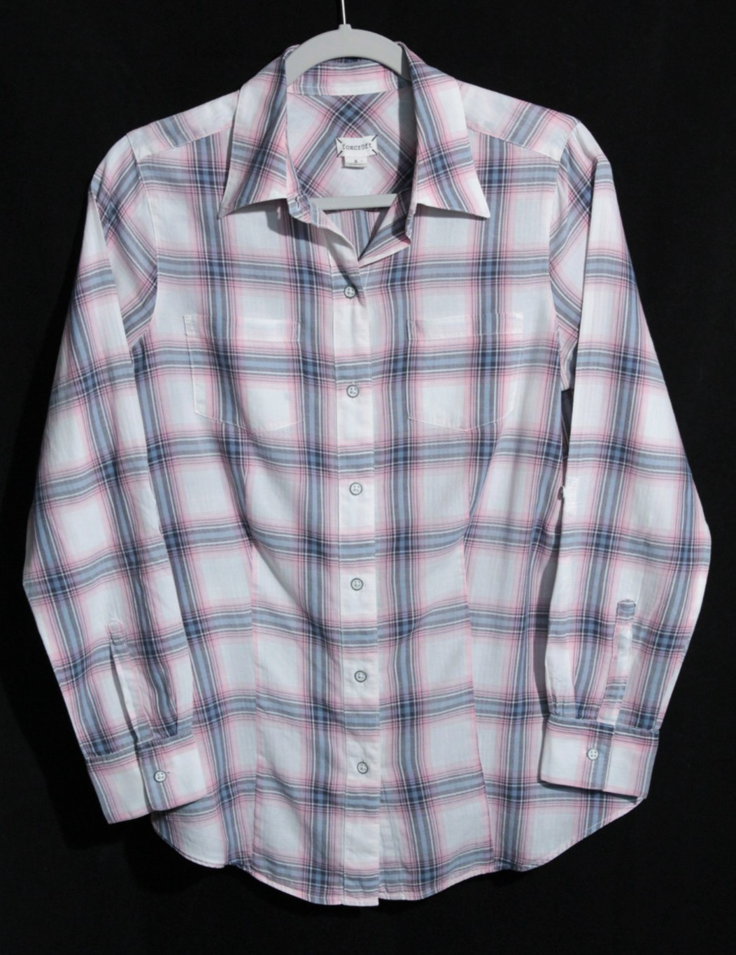 Blue/Pink Plaid Foxcroft Blouse 2 Front Pockets Long Sleeves 100% Cotton Size 8