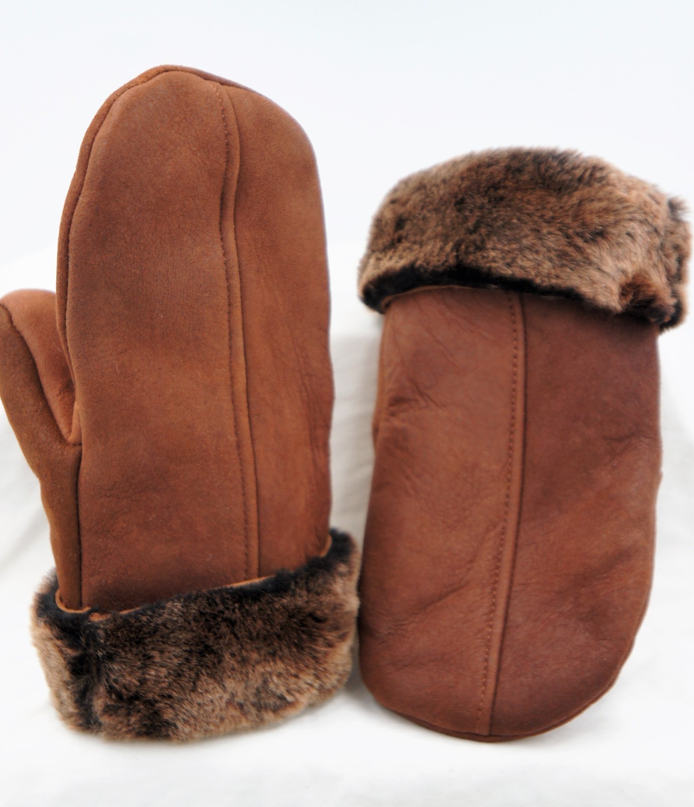 REAL GENUINE SHEEPSKIN SHEARLING LEATHER MITTENS UNISEX, AGED COGNAC BROWN S-2XL