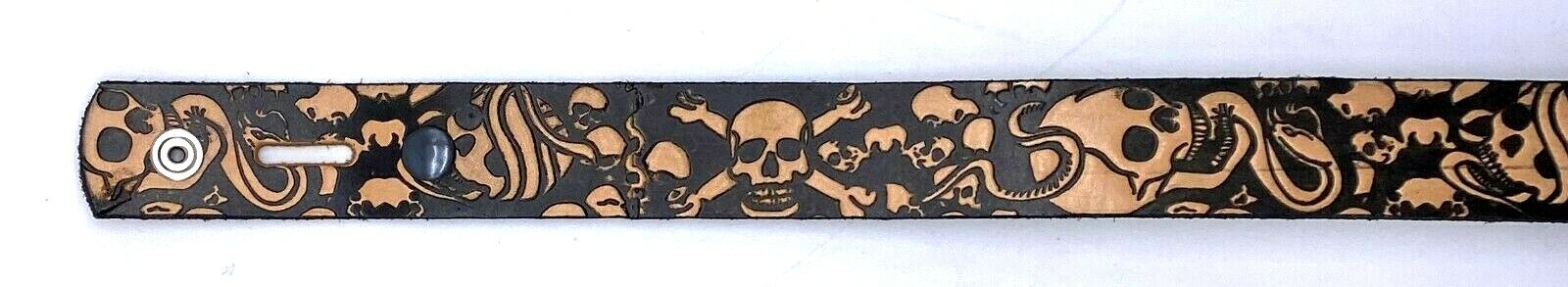 SKULLS EMBOSSED MOTORCYCLE COWHIDE LEATHER BELT SIZE 26-48 USA MADE