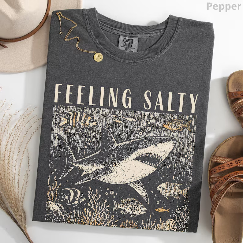 Feeling Salty T Shirt Great White Shark Vintage Ocean Beach Graphic Tee