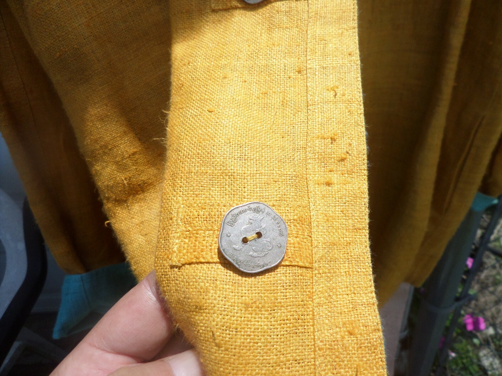 Vintage Hmong Embroidered reversible jacket buttons are Myanmar currency Rare