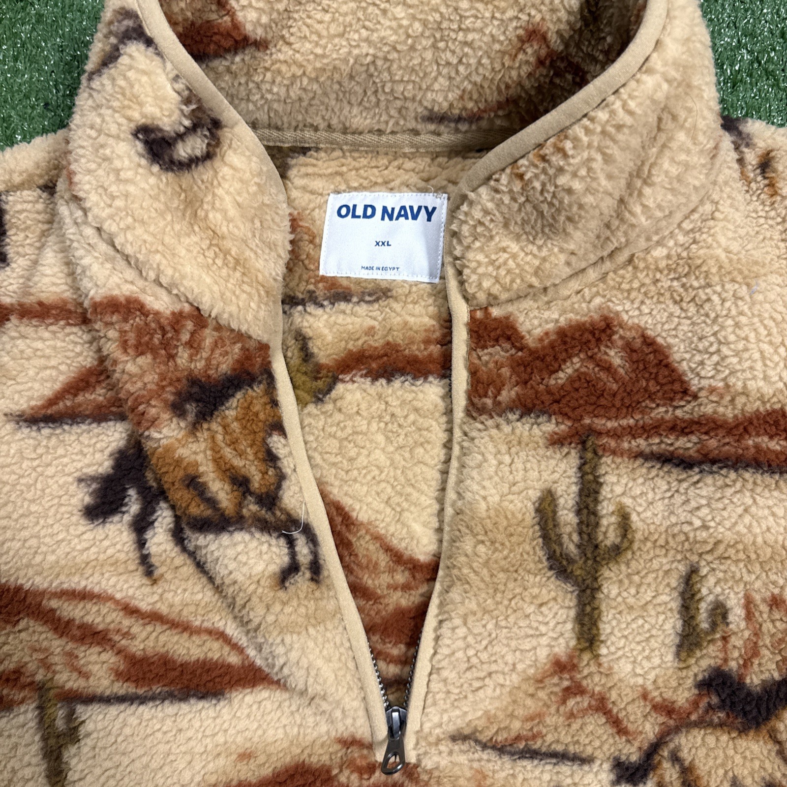 NEW Old Navy Horse Print Sherpa Quarter Zip Pullover Mens 2XL Tan Brown Pockets
