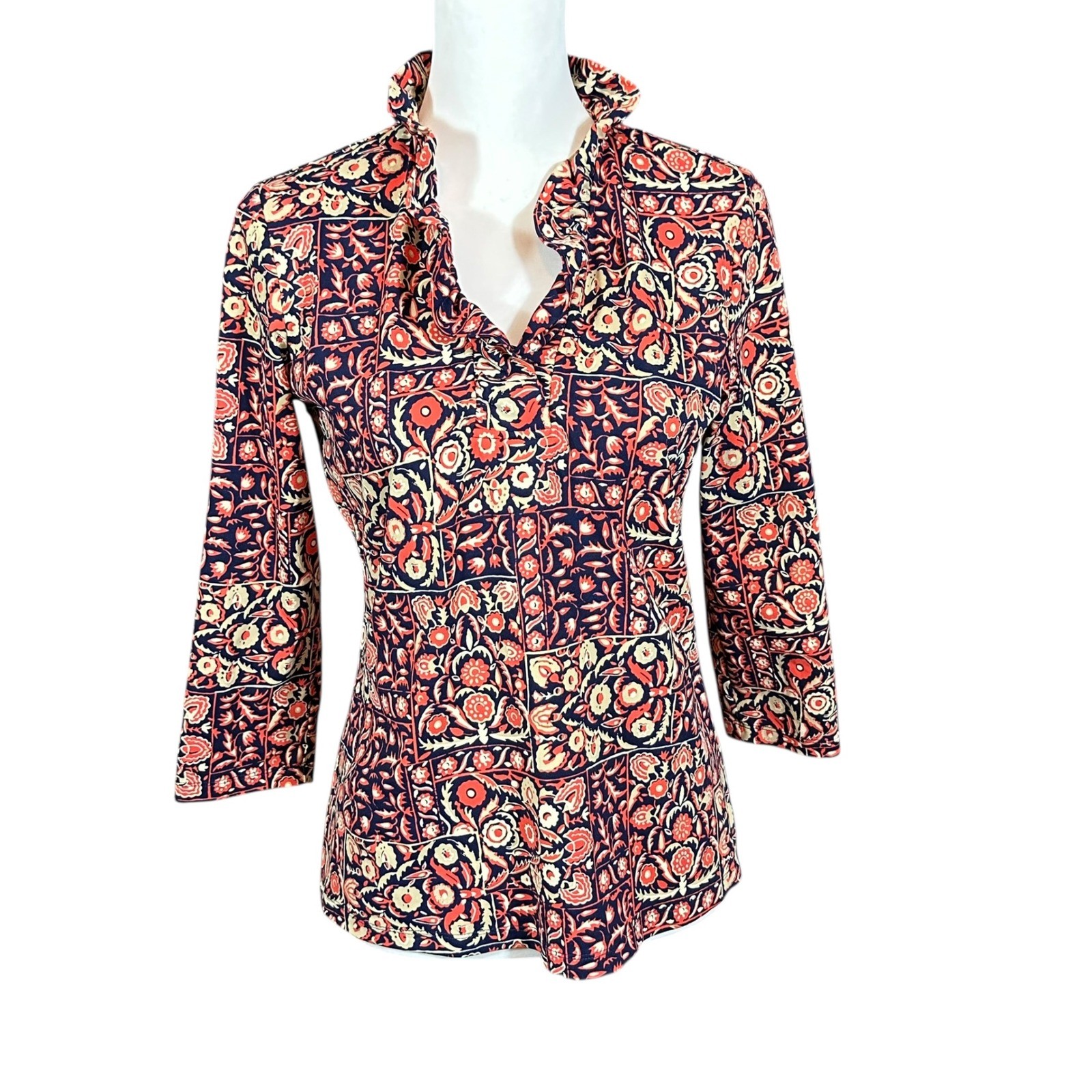 J. McLaughlin Durham Top Womens Medium Catalina Cloth Navy Orange Floral Ruffle