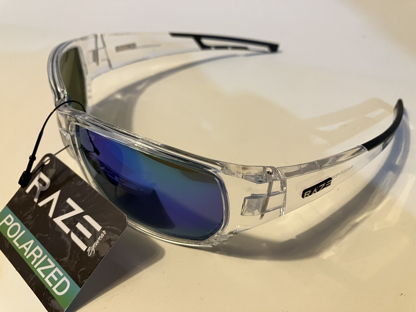 RAZE Eyewear Sunglasses Sonar Polarized Clear Frame Blue Mirror Smoke 28856