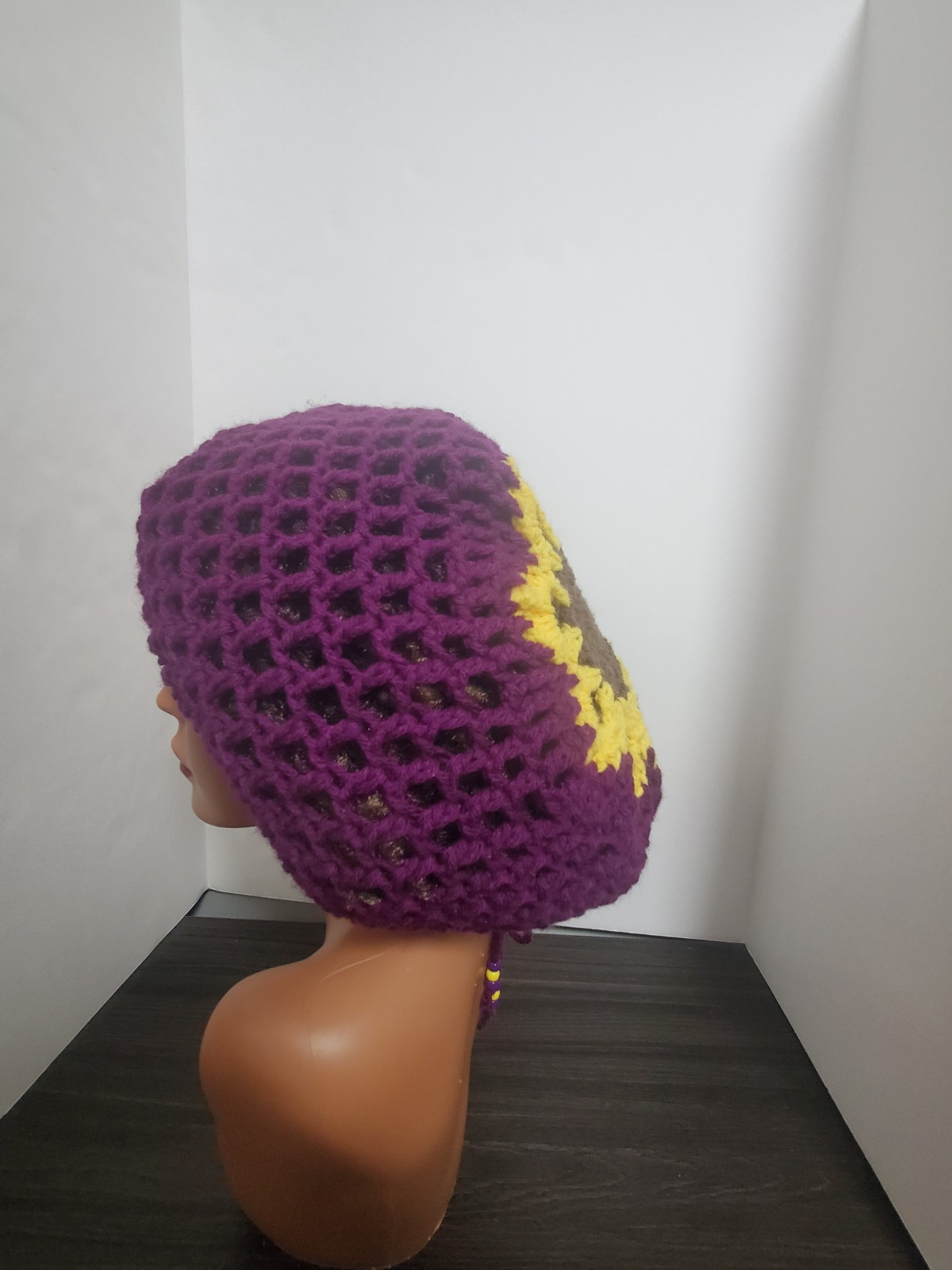 Crochet Flower Tam Slouch Hat With Drawstring Handmade One Size Dreadlock Beanie