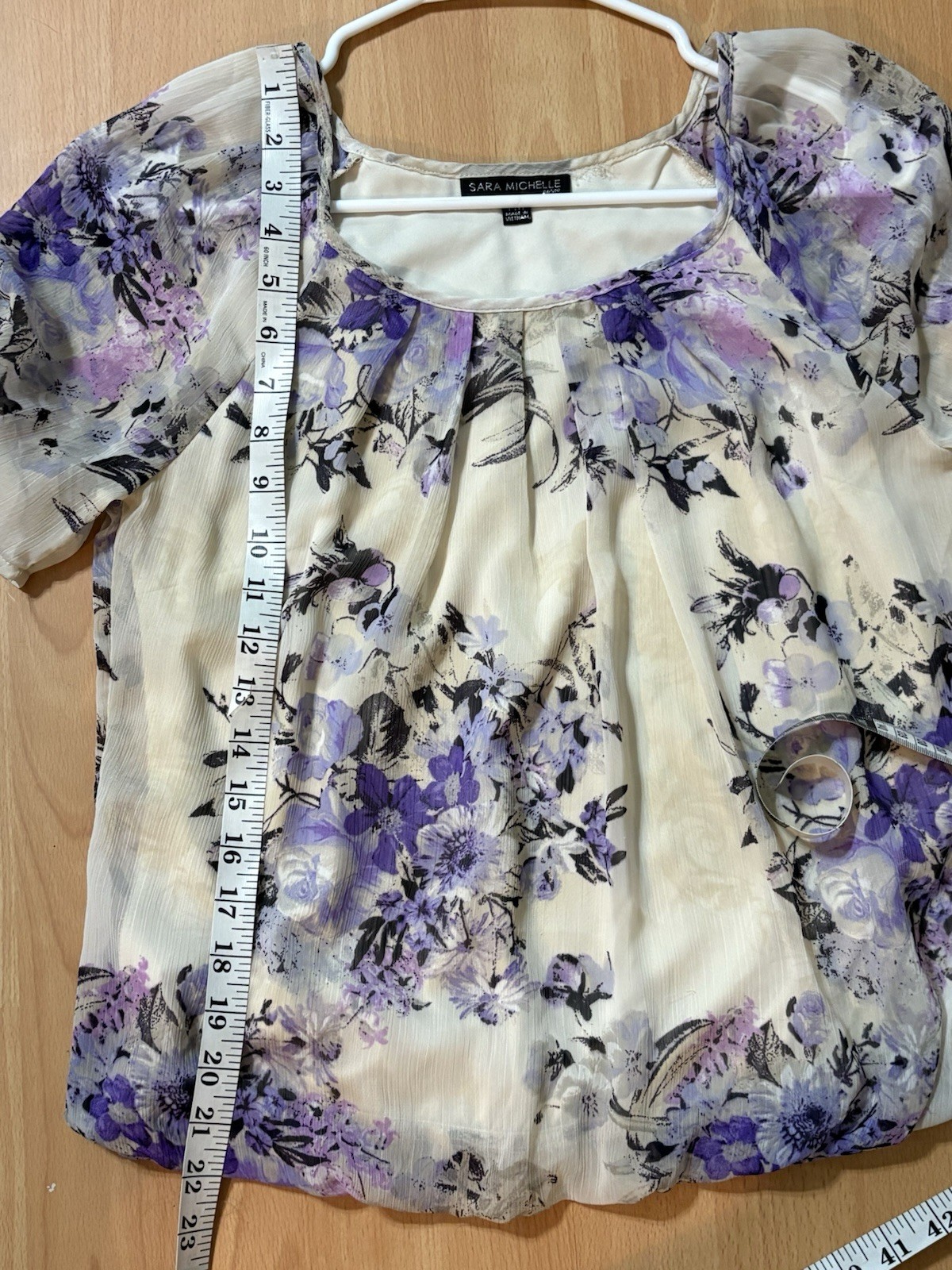 Sara Michelle PM Blouse Bubble Hem Purple Floral Chiffon Petite Romantic Top