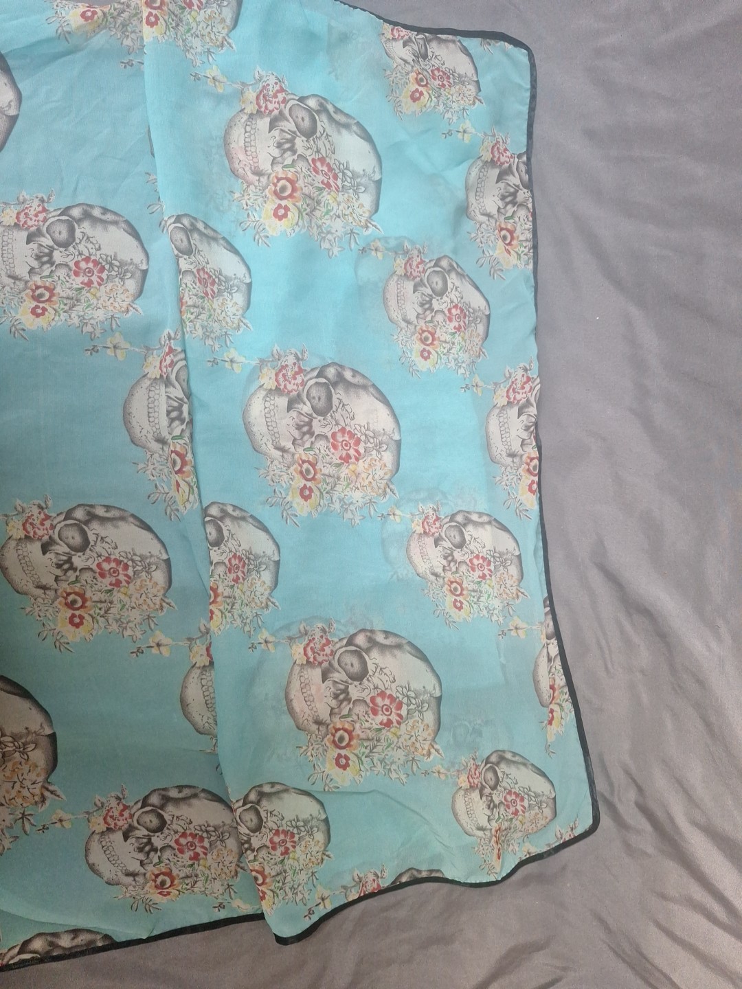 Large Silk Skull Skeleton Scarf Blue Floral 64 x 26 Inches