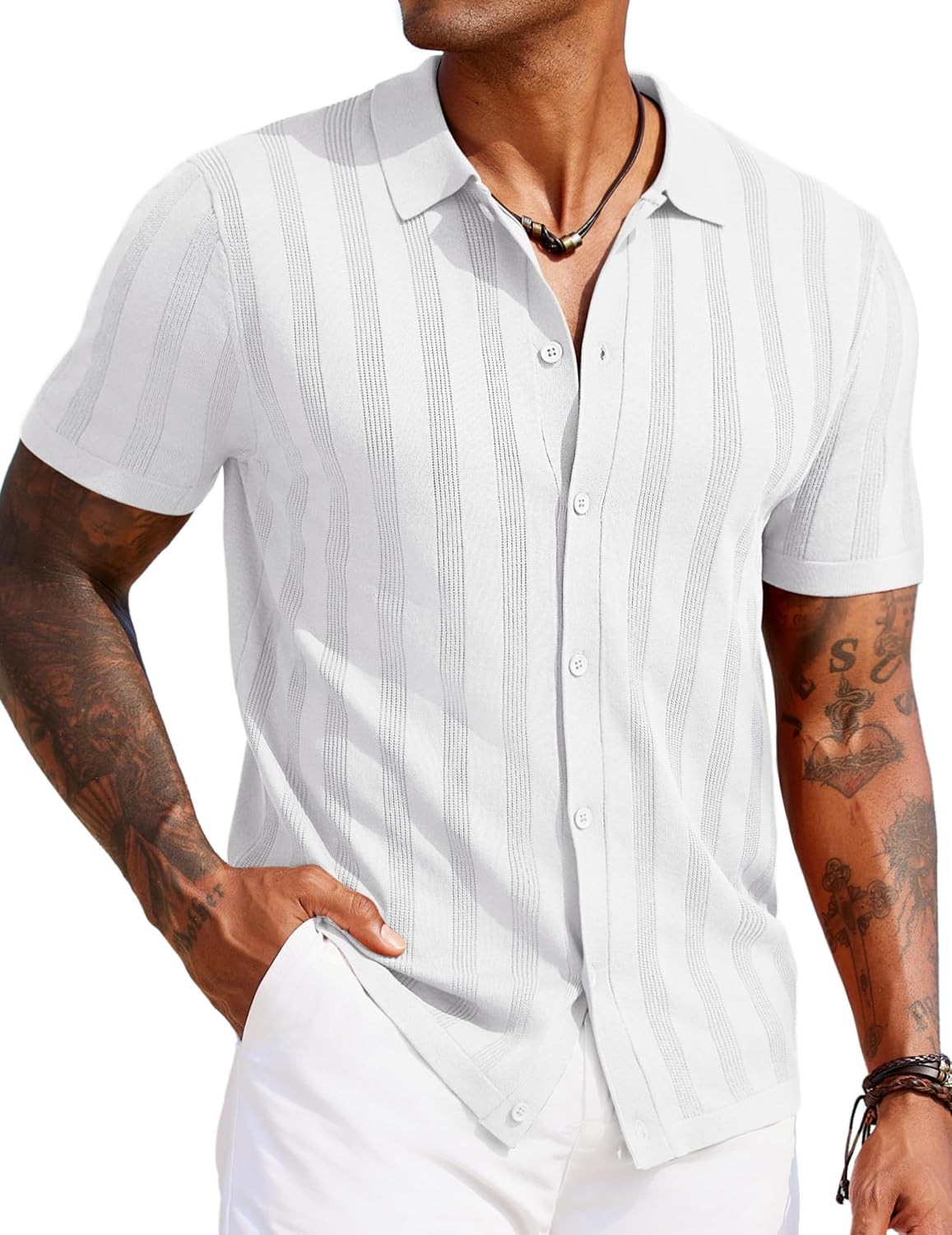 Coofandy Men’s Knit Polo Shirt Mens Vintage Button Down Short Sleeve Hawaiian