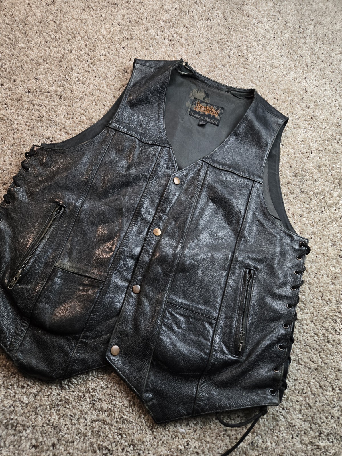 Street & Steel Gunslinger Leather Vest Mens Large Black Snap Front Lace Up