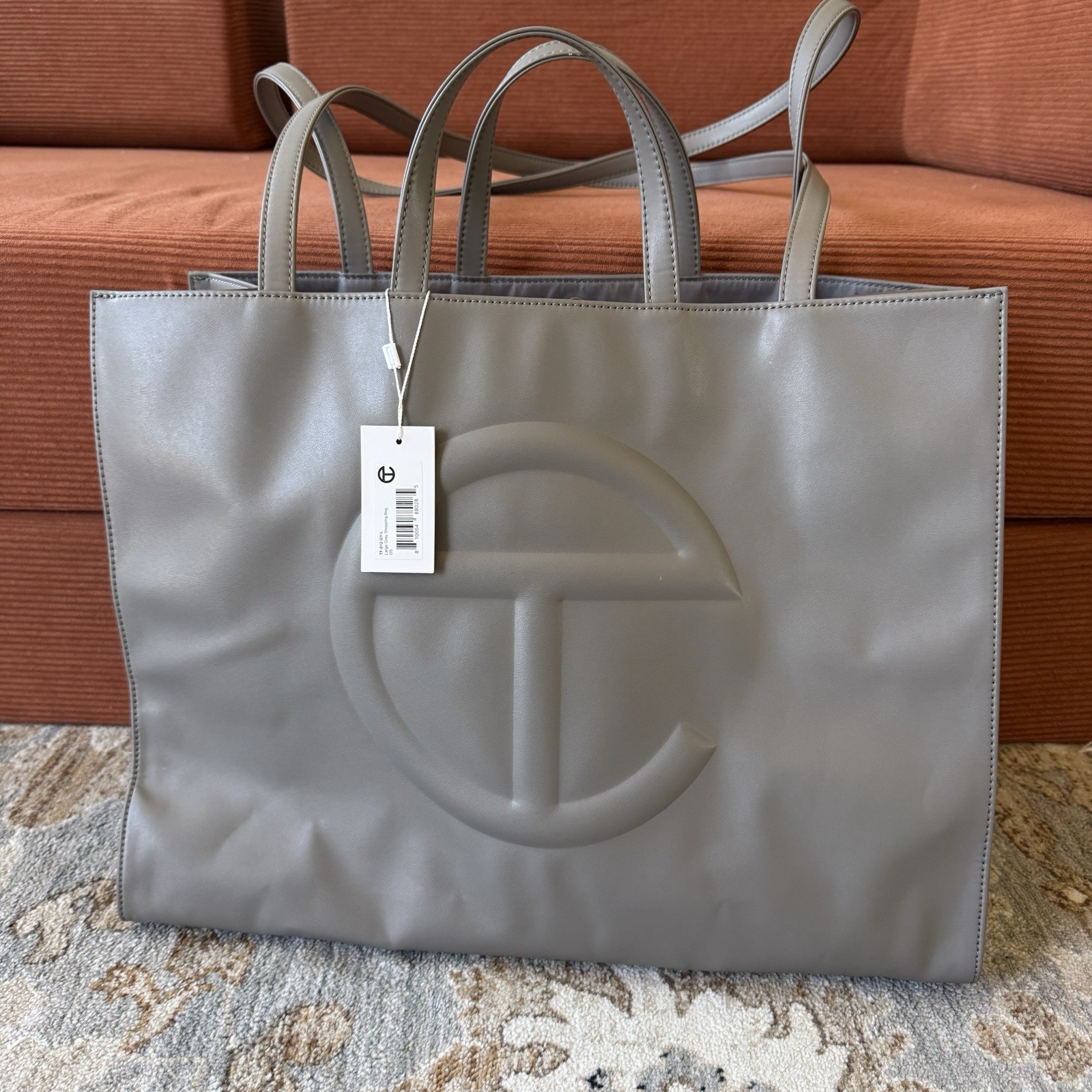 Telfar Large Grey Shopping Bag Faux Vegan Leather Tote Travel Shoulder Strap