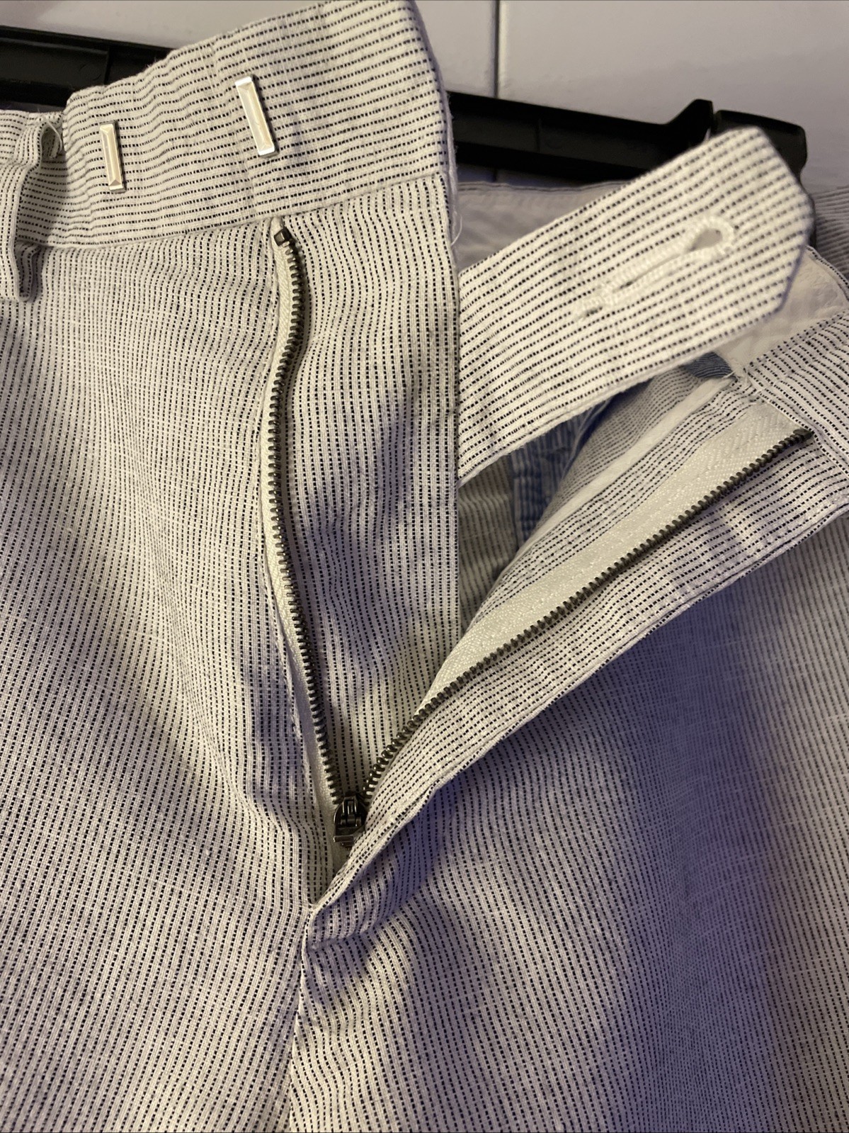 J.Crew Slim Bowery Pant Mens 30×30 WhiteBlue Stripe Linen Cotton Flat Front