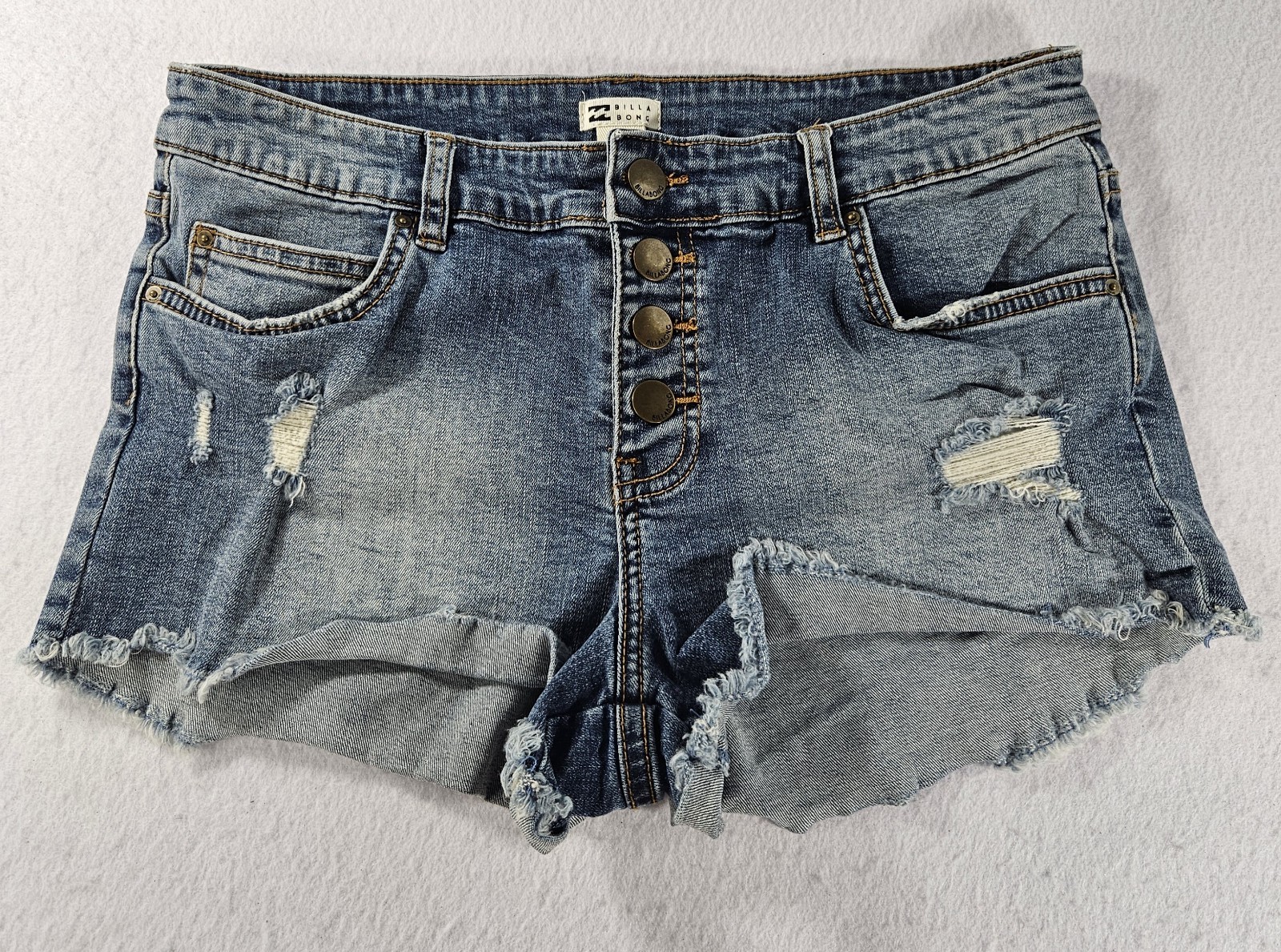 Billabong Distressed Denim Shorts Size 28 Button Fly Cut Off Frayed Hem Blue