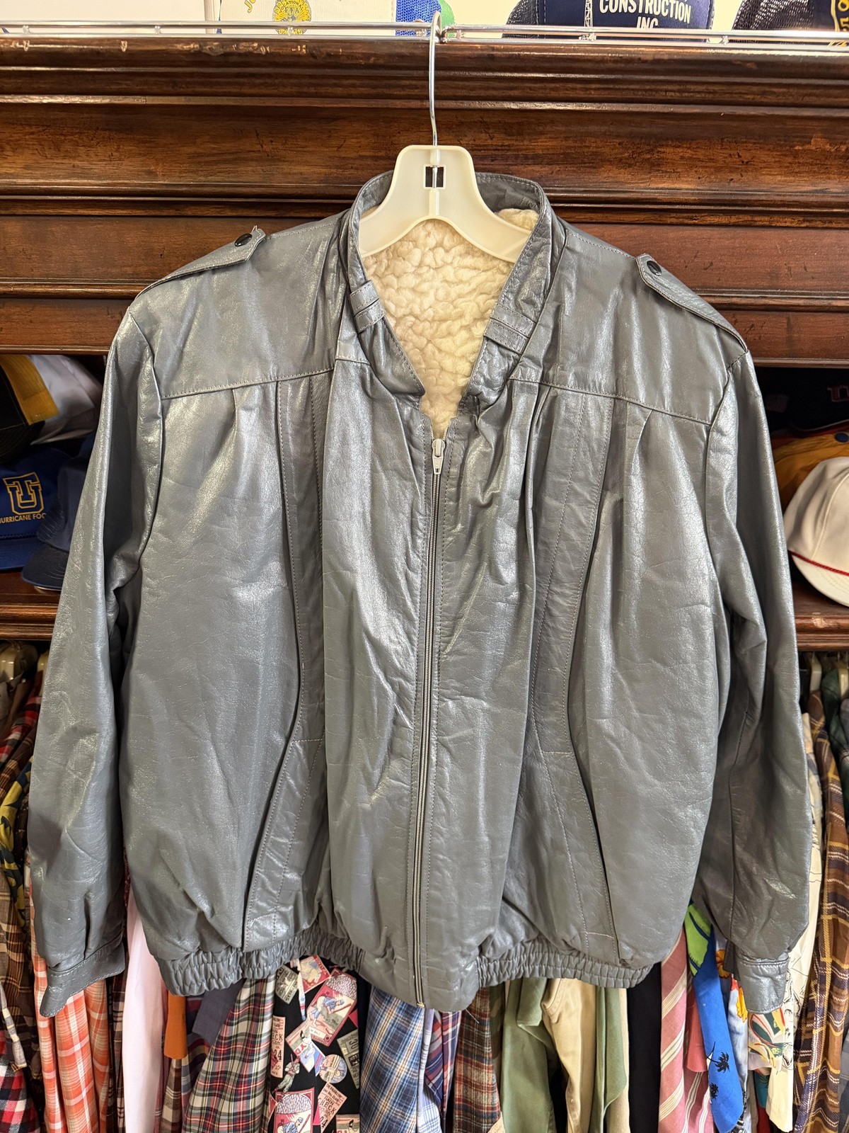 Jacket Mens 56 Gray Faux Leather Sherpa Lined Bomber YKK Zip Elastic Hem