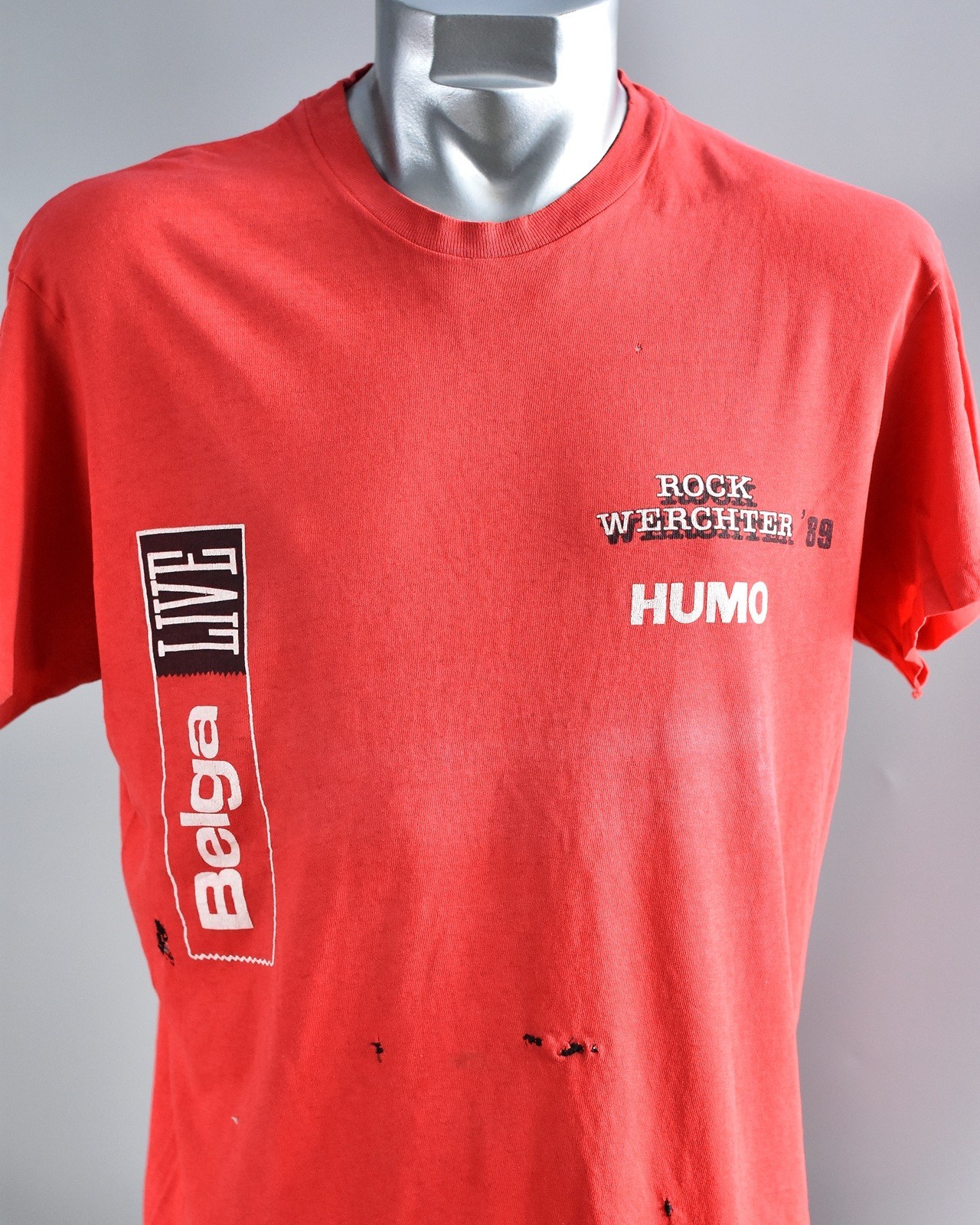 Vintage 1989 Rock Werchter Music Festival T Shirt worn holes repaired red cotton