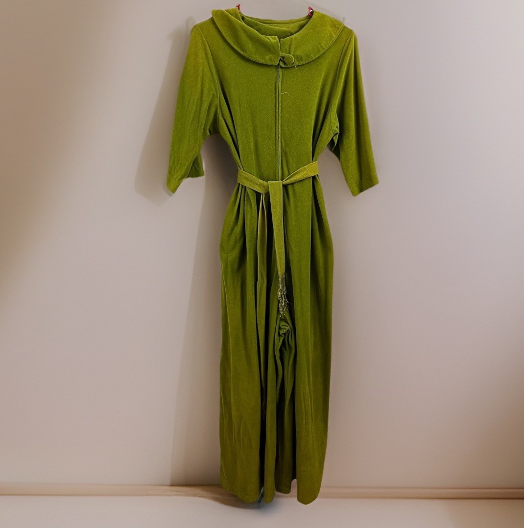 VTG 60s Green Hooded Maxi Dress Belted Mod Peter Pan Collar Lounge M? No Tags
