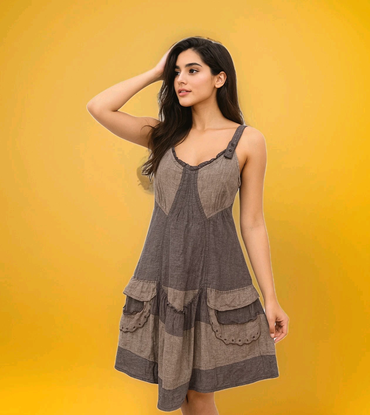 ANIMALE JACQUES RUC 4-US Taupe Linen Sleeveless Ruffle Dress~Funky French Design