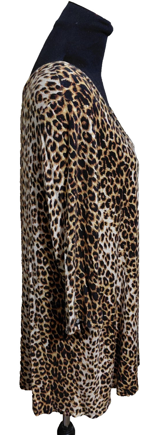 Blooms in the City Leopard Print Tunic Top Black Brown Short Sleeve V Neck Large