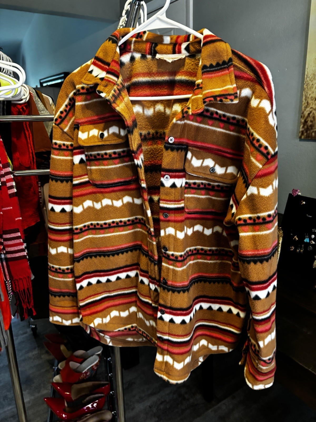 Womans Southwestern Geometric Button Front Shacket Jacket, Chest Pockets, L