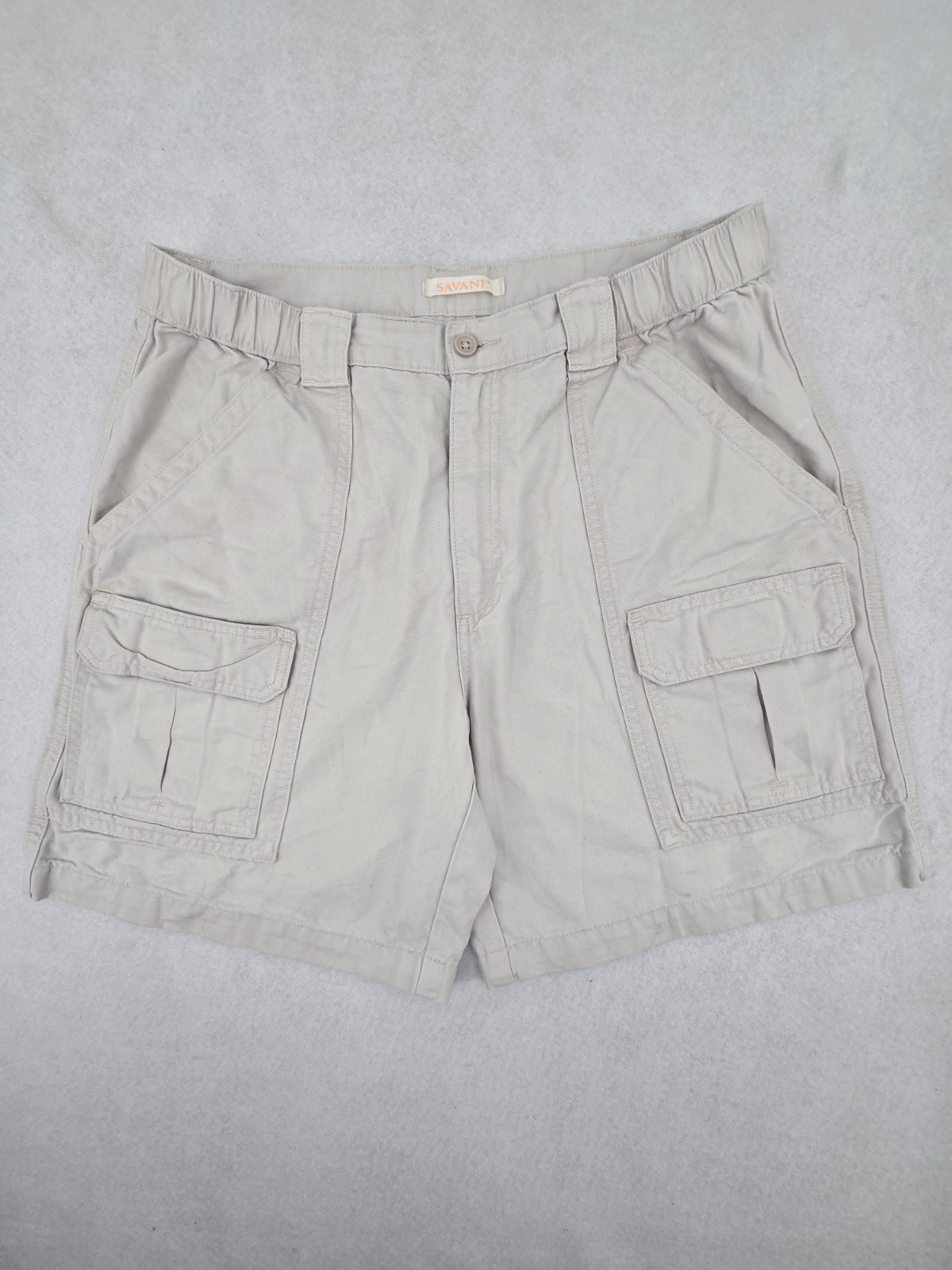 Savane Men Cargo Shorts Size 34 Beige Cream Elastic Waist Mobile Pocket Outdoor