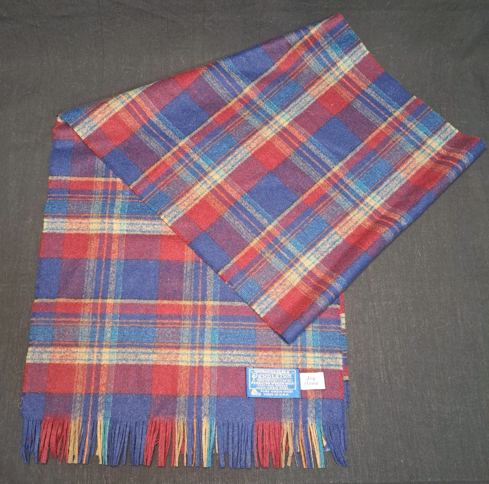 PENDLETON 100% Pure Virgin Wool Scarf 60″ x 12.75″ Plaid USA Fringe