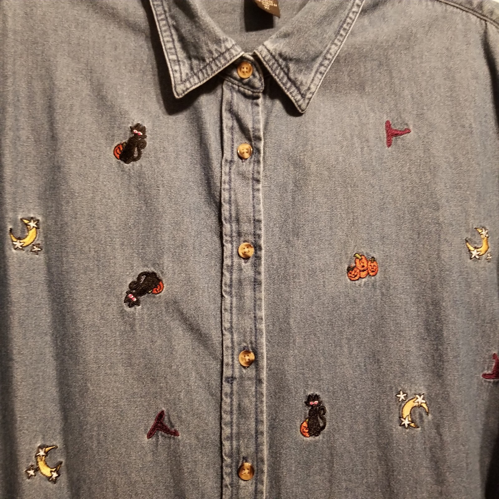 Holiday Editions 3X Shirt Halloween Denim Button Pumpkin Black Cat Star Moon