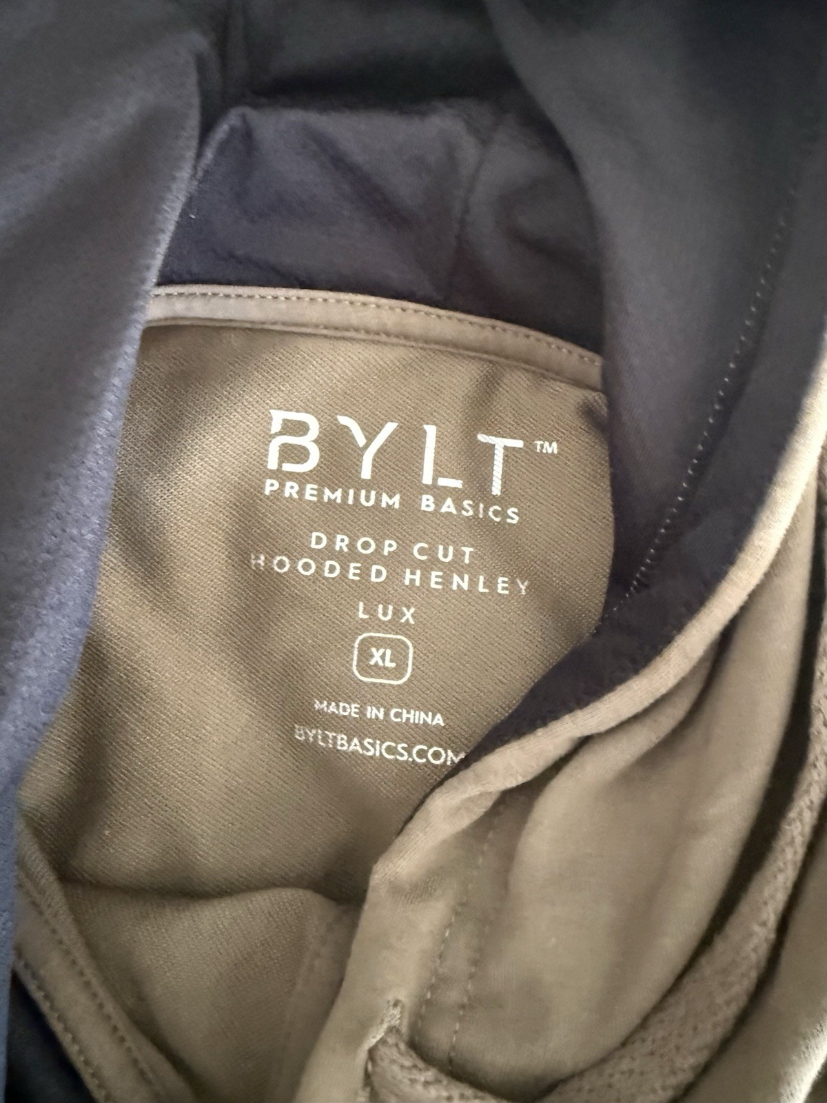 BYLT Premium Basics LUX Drop Cut Hooded Henley Pullover Hoodie Taupe Men’s XL