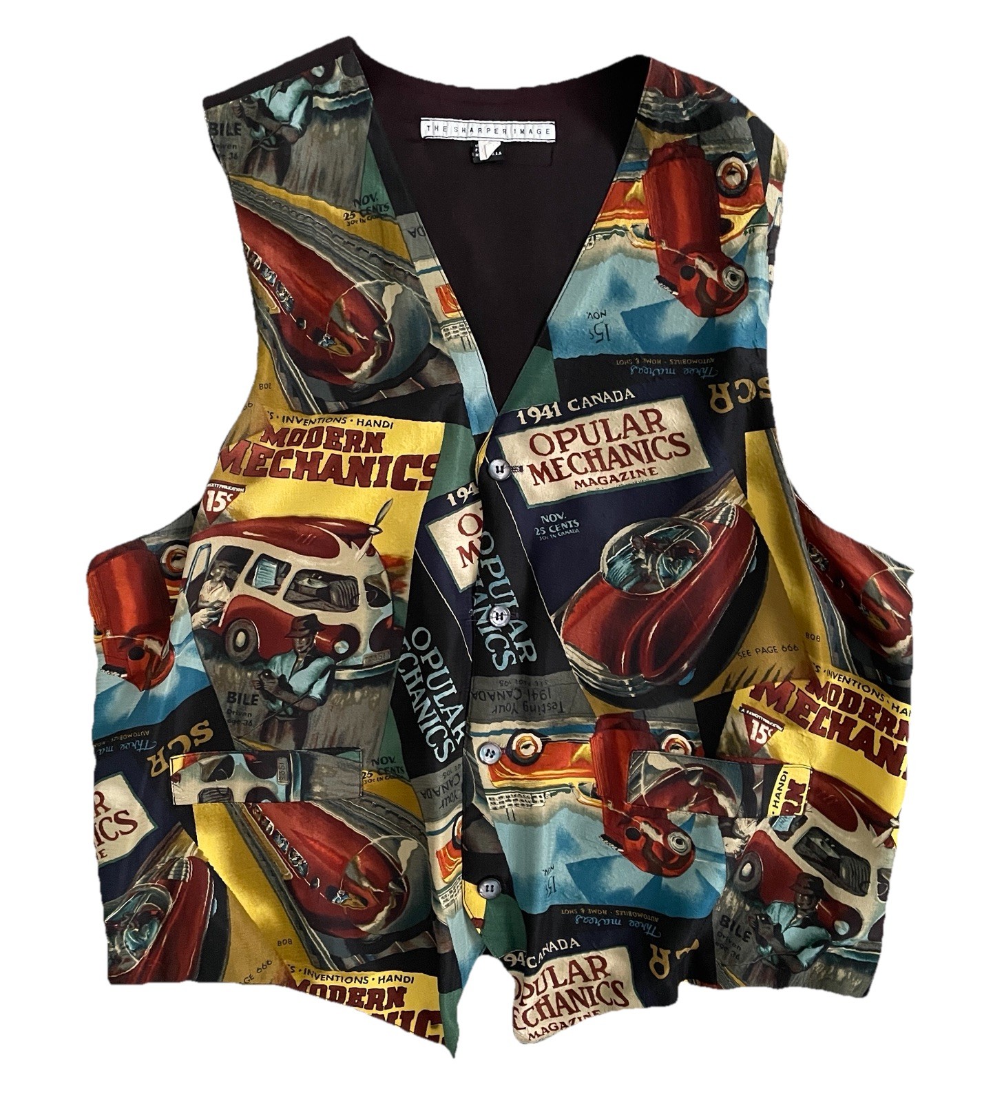 SHARPER IMAGE Vintage SILK VEST MODERN MECHANICS Magazine Novelty Print Size L