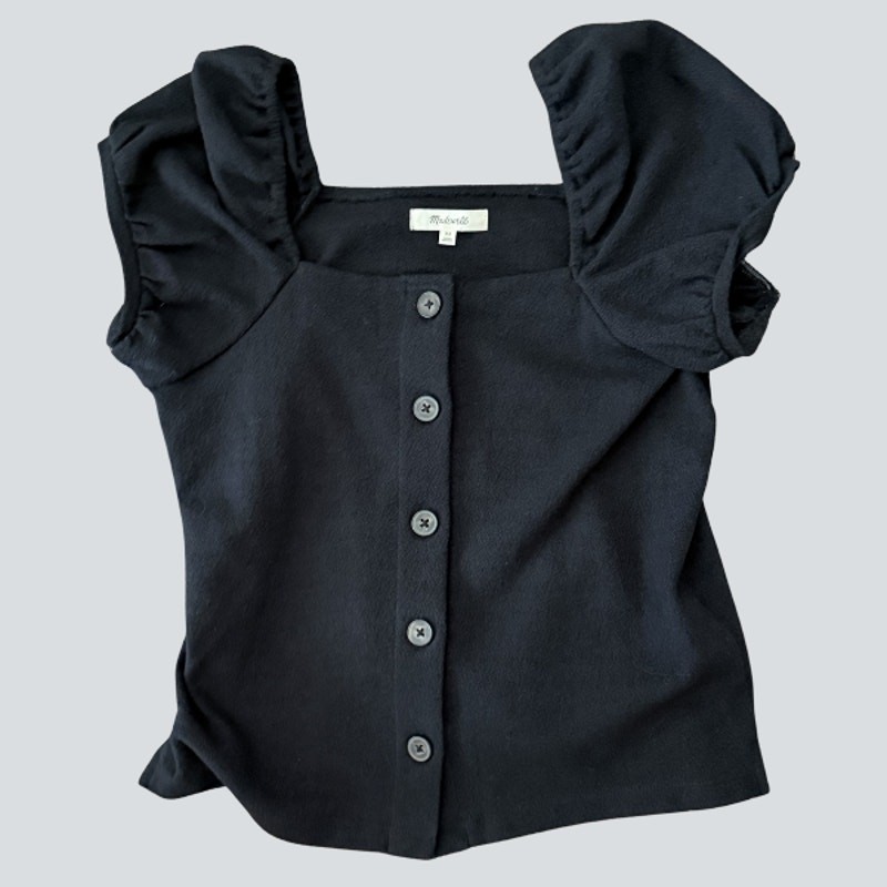 Madewell Black Puff Sleeve Button Down Crop Top Square Neck XS