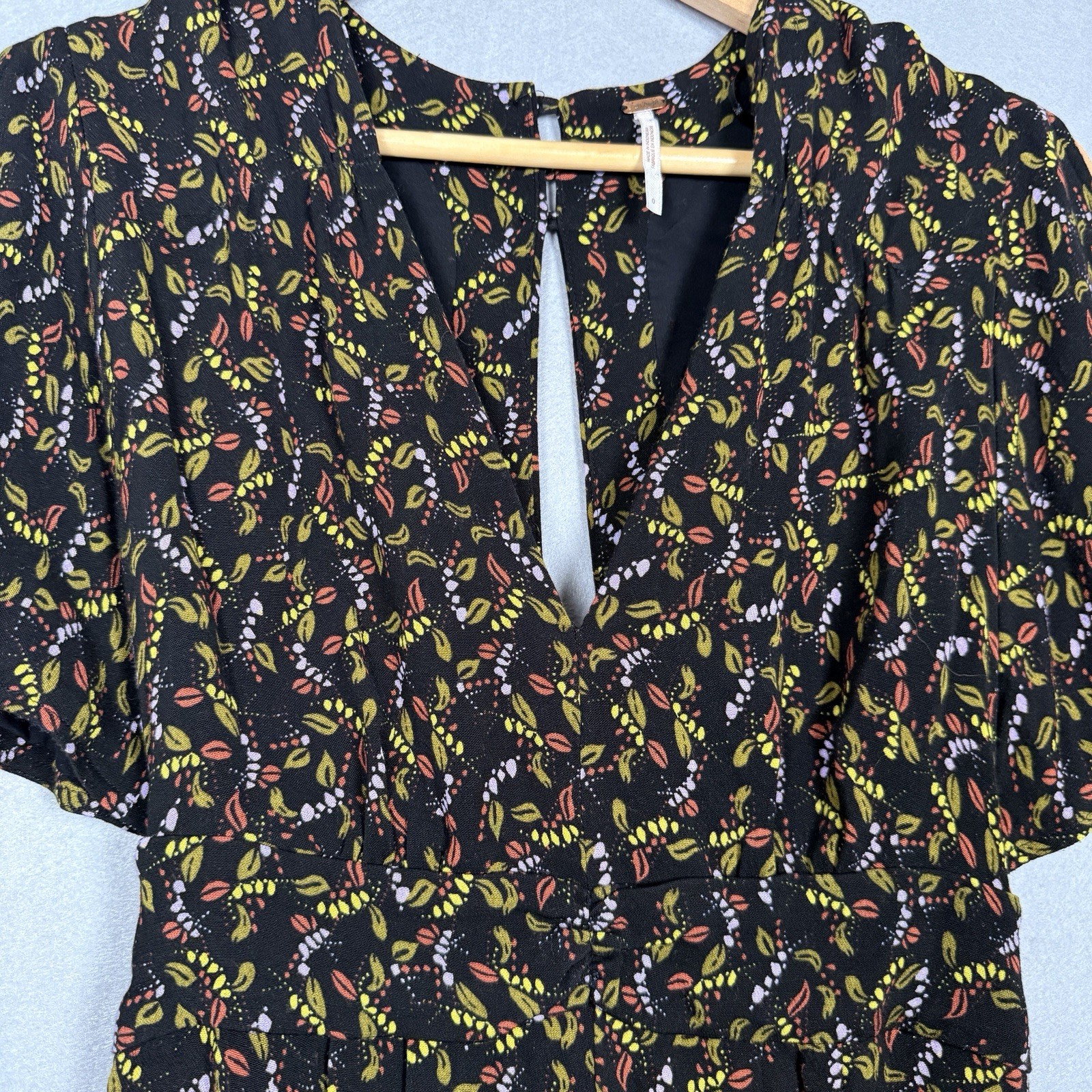 Free People Romper Boho Granola Dark Fairy Black Green Leaf Print Sz 0