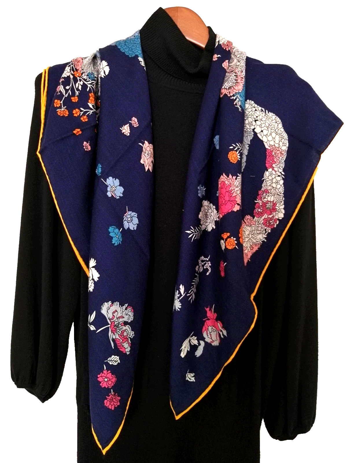 41″x41″Floral Horse Print 40%Silk60%Wool Thin Double-sided Scarf Shawl 105x105cm