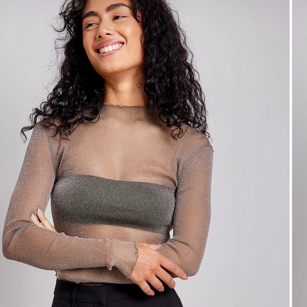 NA-KD Glittery High Neck Mesh Top – Sheer Long Sleeve Top – Size XS