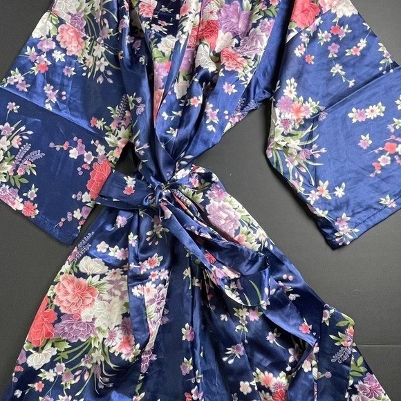 Navy blue satin kimono robe with pink and green multi floral pattern