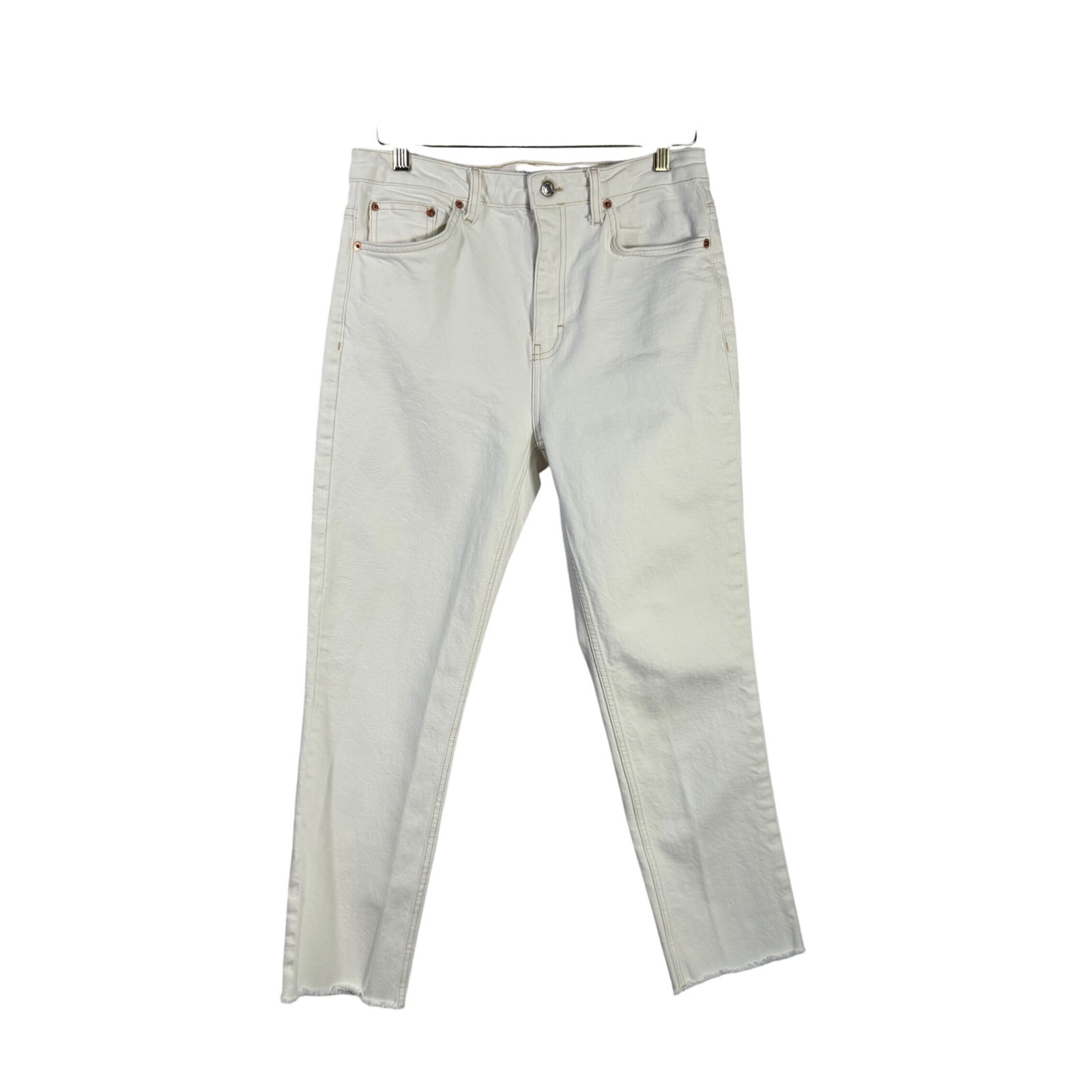 Topshop Straight Leg Jeans Off White Raw Hem High Rise W32 L32 Womens Denim