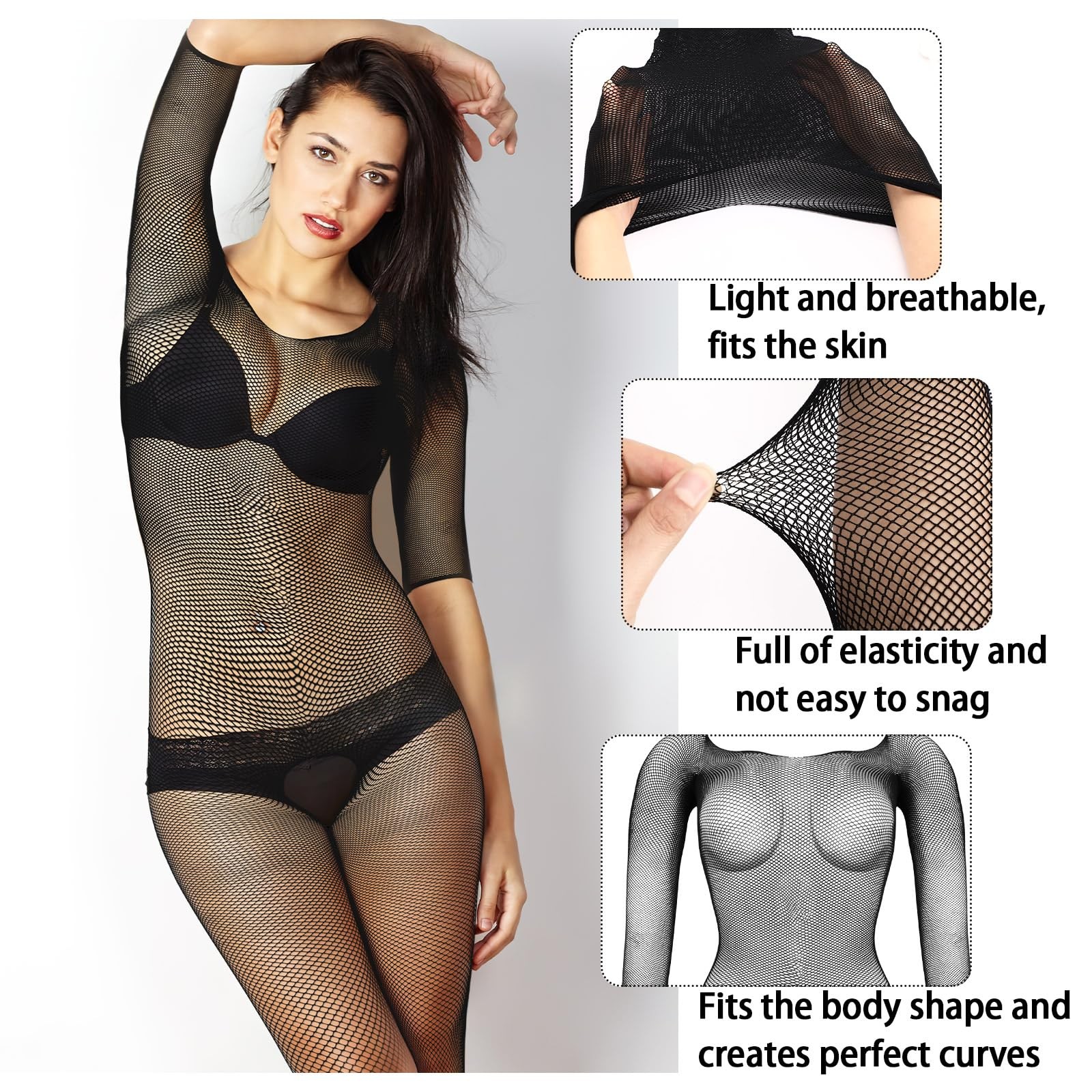 3 Packs Women Fishnet Bodysuits Mesh Bodystocking Fishnet Lingerie Long Sleeve B