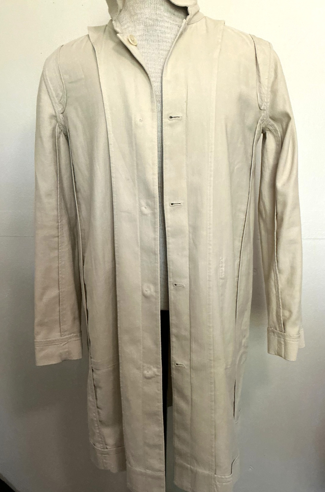 EILEEN FISHER TAN ORGANIC COTTON LT WEIGHT KNEE LENGTH BUTTON DOWN COAT, SZ XS