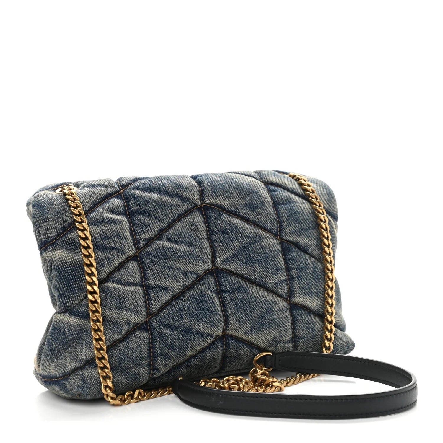 Saint Laurent Denim Quilted Toy Loulou Puffer Monogram Chain Satchel Blue Black