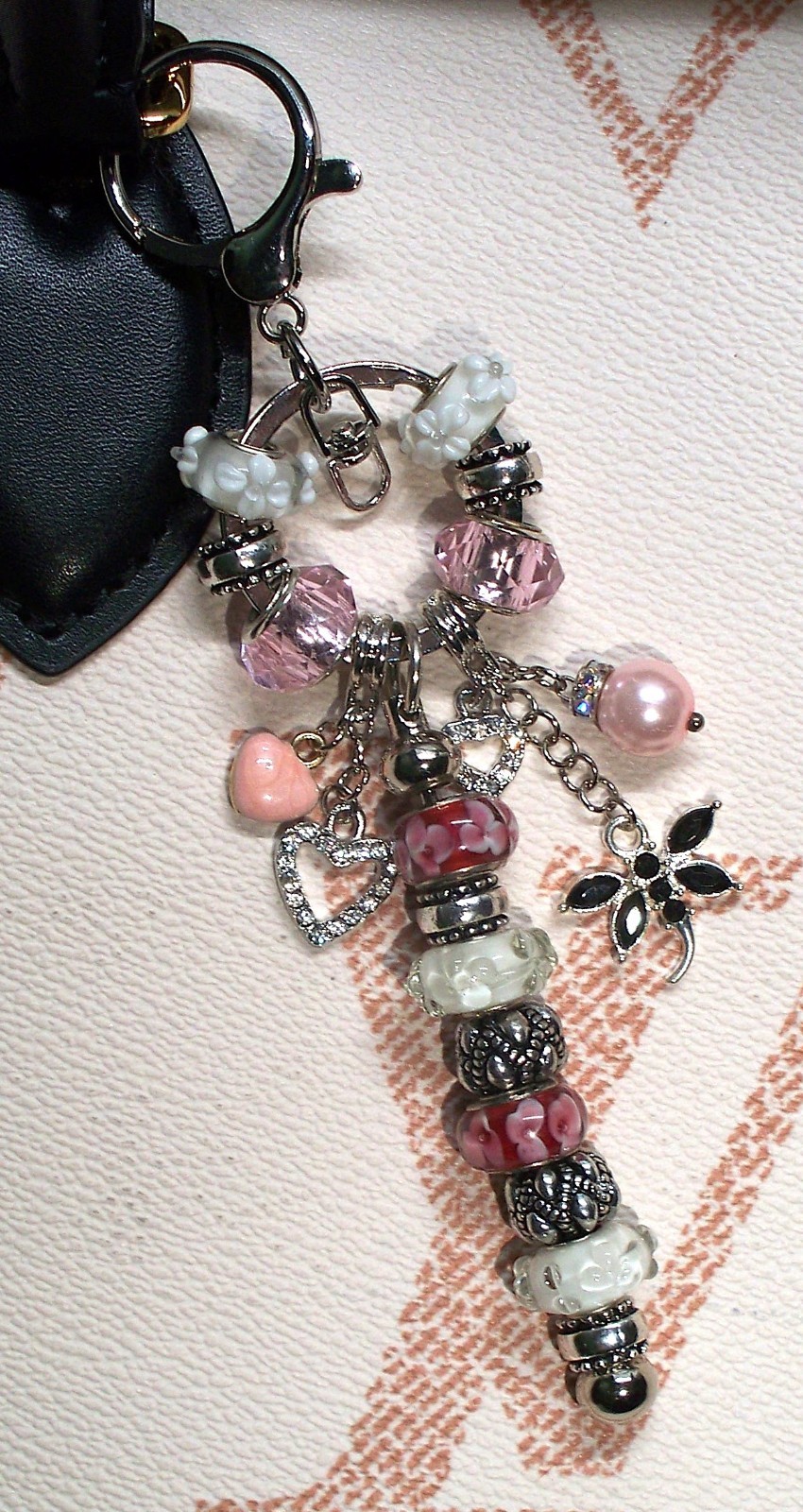 Pink Bag Charm Keychain Murano Flower Dragonfly Pearl Rhinestone Purse Charm