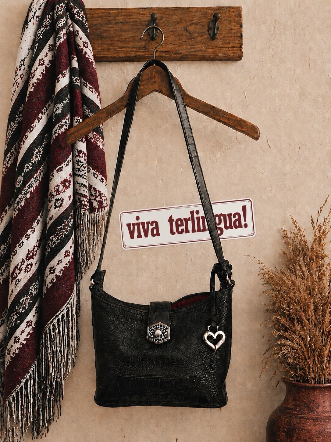 Brighton Black Small Pebbled Shoulder Bag Zip Red Lining Silver Heart Charm