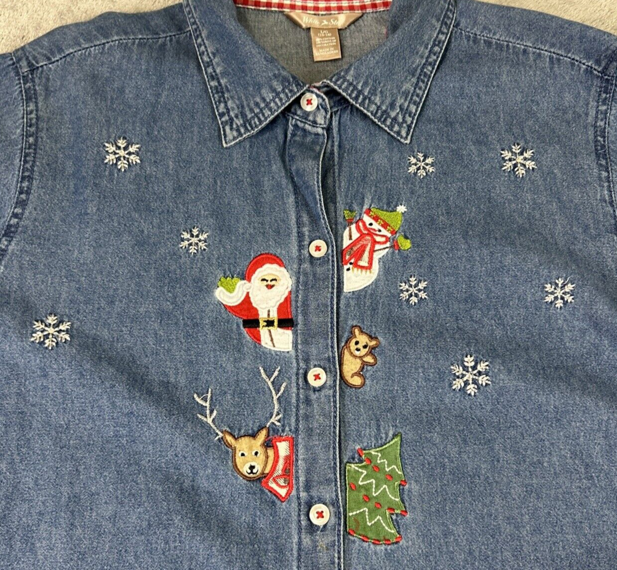 Christmas Chambray Shirt Women’s Large Holiday Santa Button Blouse White Stag