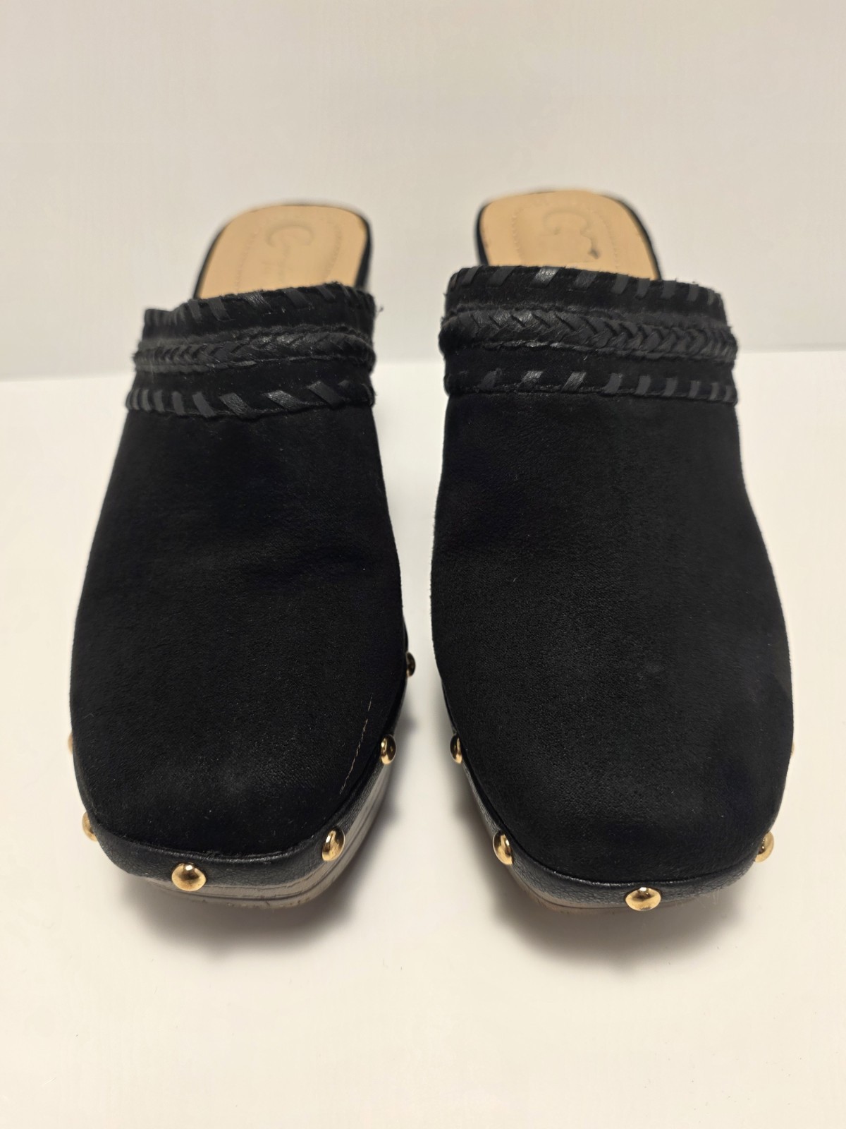 J Crew Faux Suede Clogs Mule Braided Strap Studded Wood Heel – Size 9m